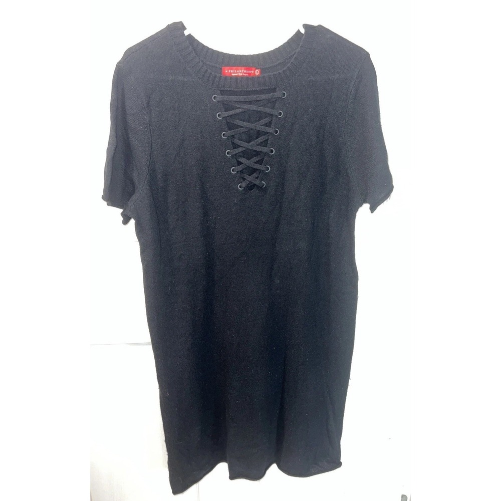 PHILANTHROPY Wool Blend Soft Black Lace-Up Knit Mini Luxury Dress Size Large